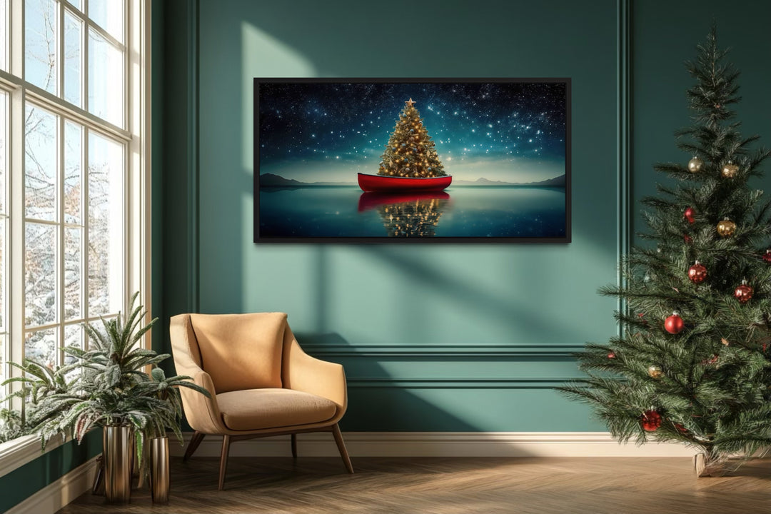 Christmas Tree In Red Canoe Framed Canvas Wall Art