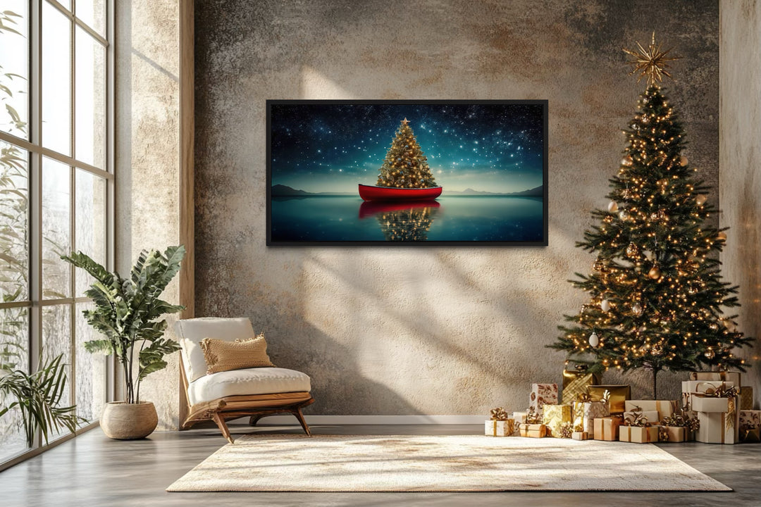 Christmas Tree In Red Canoe Framed Canvas Wall Art
