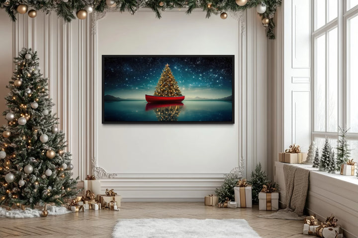 Christmas Tree In Red Canoe Framed Canvas Wall Art