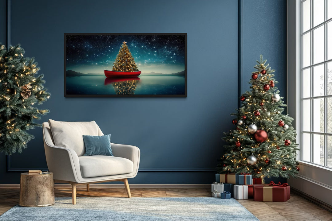 Christmas Tree In Red Canoe Framed Canvas Wall Art