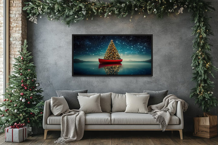 Christmas Tree In Red Canoe Framed Canvas Wall Art