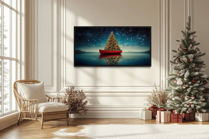 Christmas Tree In Red Canoe Framed Canvas Wall Art