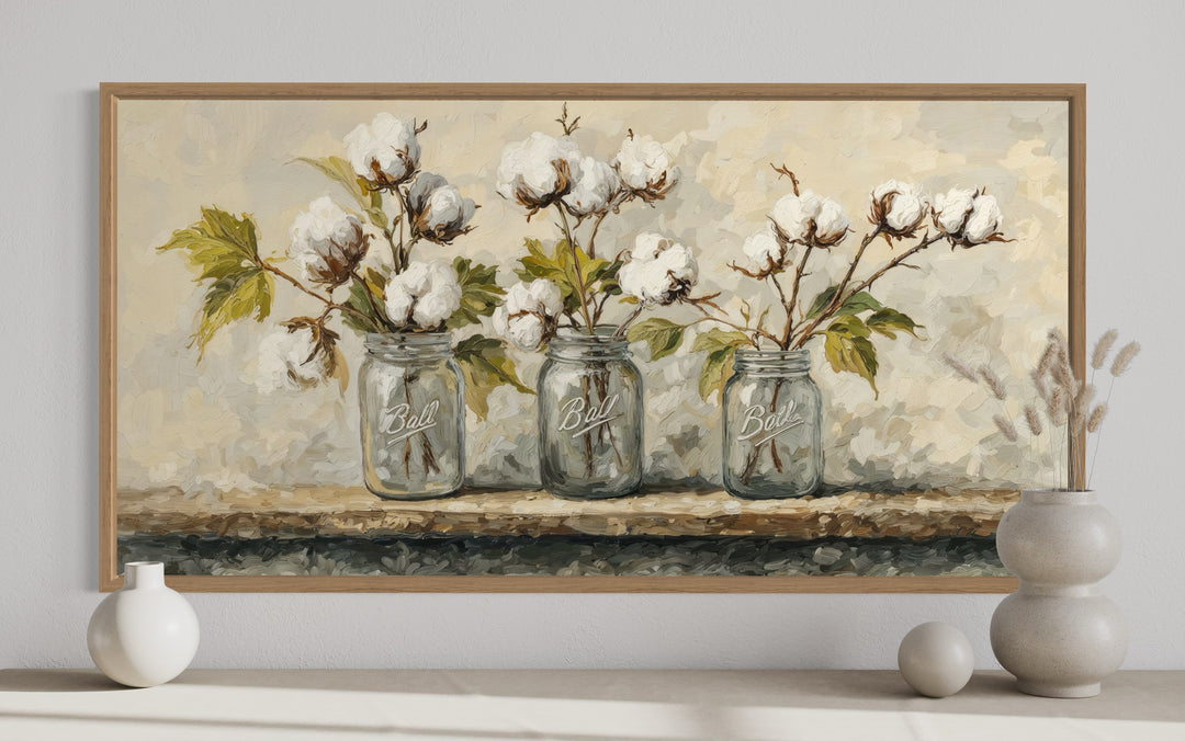 Cotton Plants In Mason Jars Rustic Farmhouse Kitchen Framed Canvas Wall Art