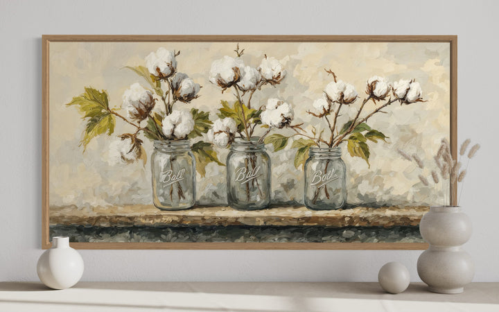 Cotton Plants In Mason Jars Rustic Farmhouse Kitchen Framed Canvas Wall Art
