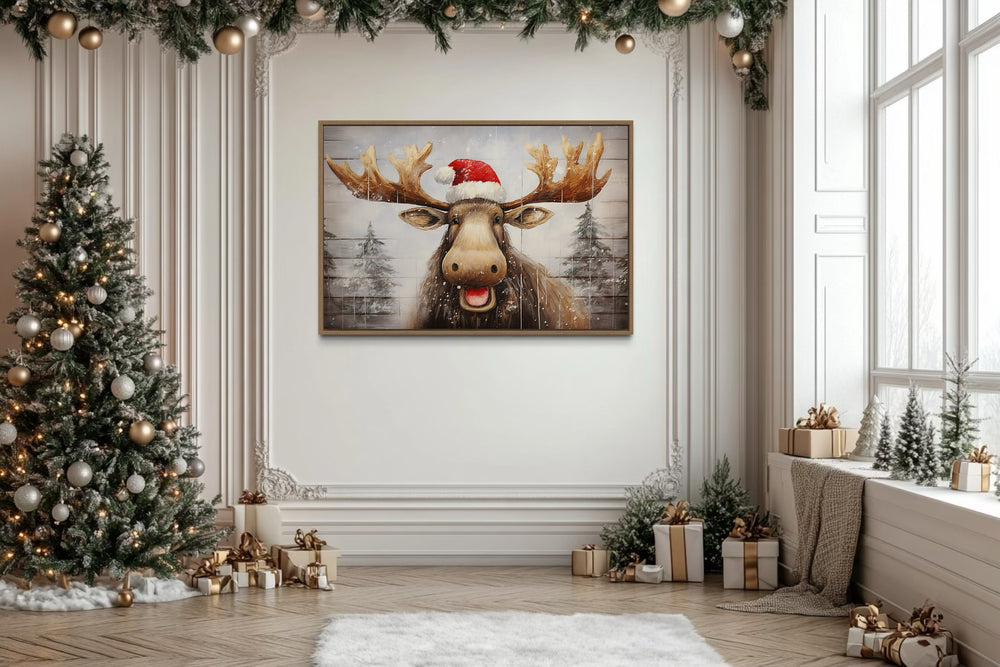 Cute Moose in Santa Hat Rustic Painting On Wood Christmas Framed Canvas Wall Art