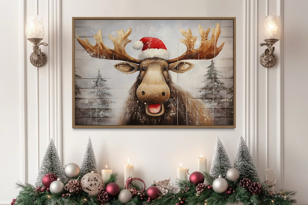Cute Moose in Santa Hat Rustic Painting On Wood Christmas Framed Canvas Wall Art