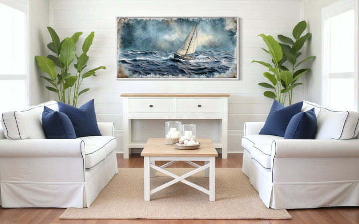 Sailboat In The Ocean Framed Canvas Nautical Wall Art