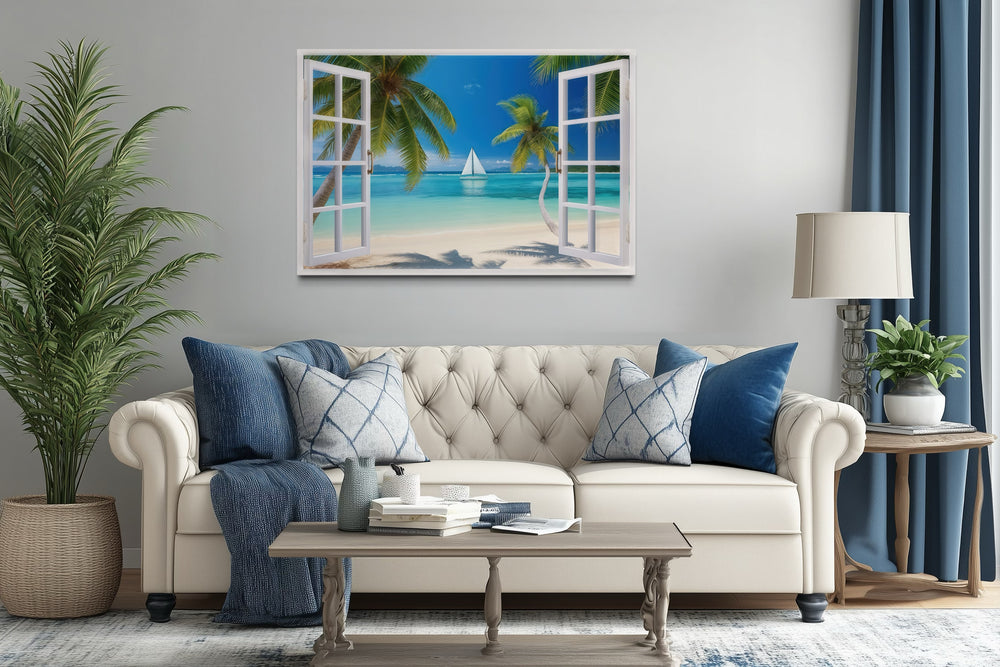 Caribbean Beach And Sail Boat Open Window View Wall Art