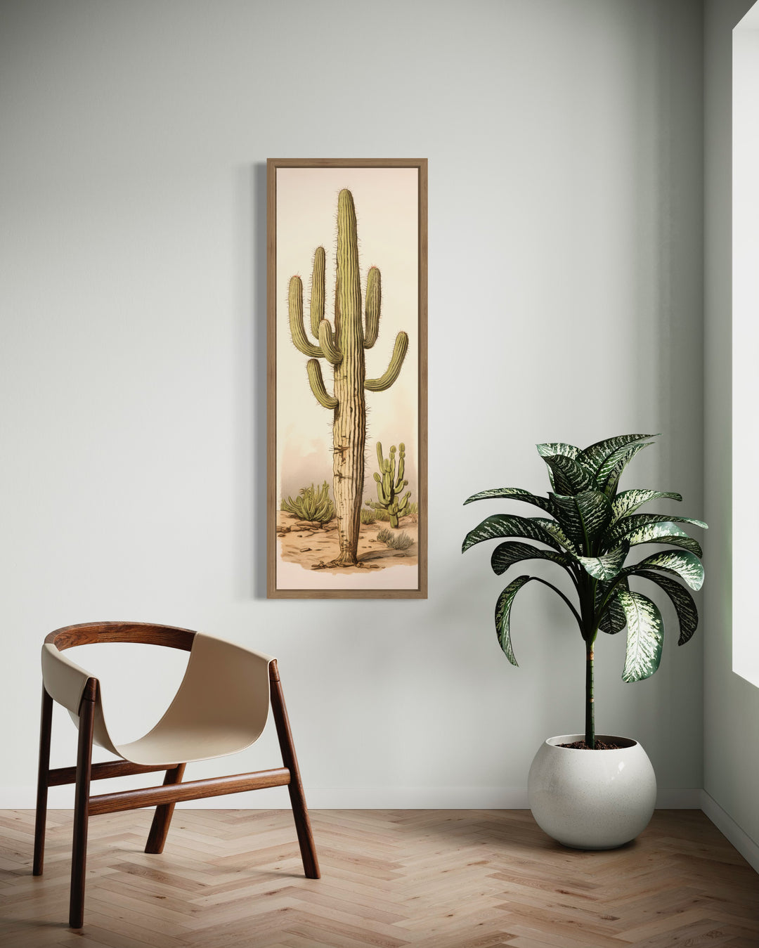 Tall Vertical Saguaro Cactus Neutral Slim Framed Canvas Wall Art