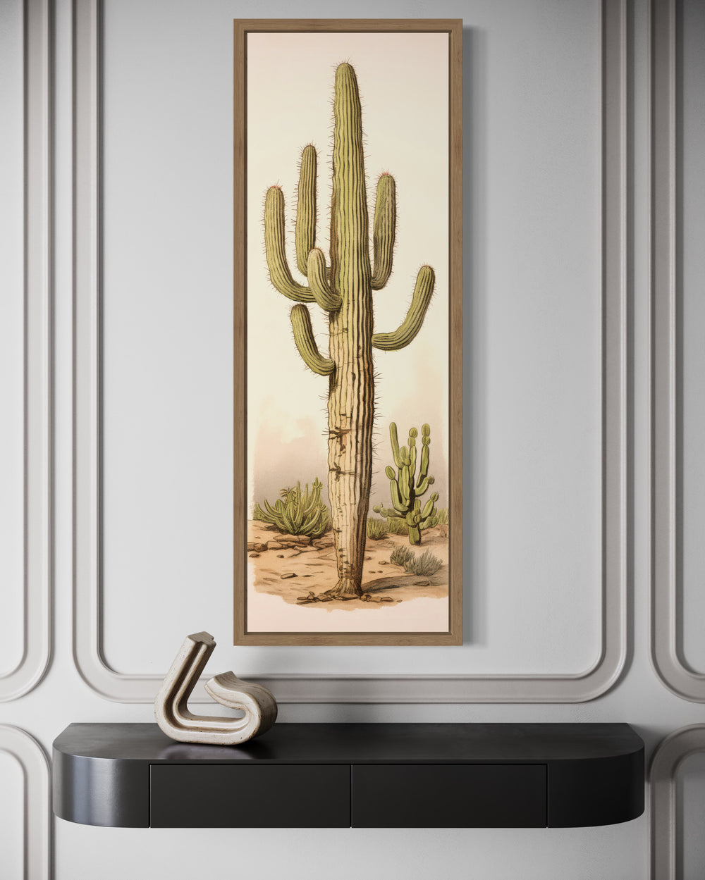 Tall Vertical Saguaro Cactus Neutral Slim Framed Canvas Wall Art close up