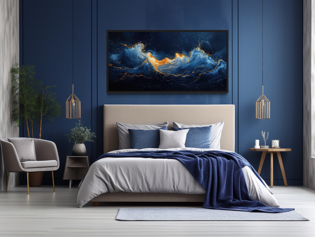Abstract Navy Blue Gold Ocean Wave Painting Canvas above bed