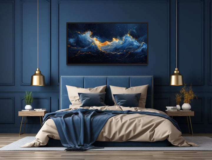 Abstract Navy Blue Gold Ocean Wave Painting Canvas above bed
