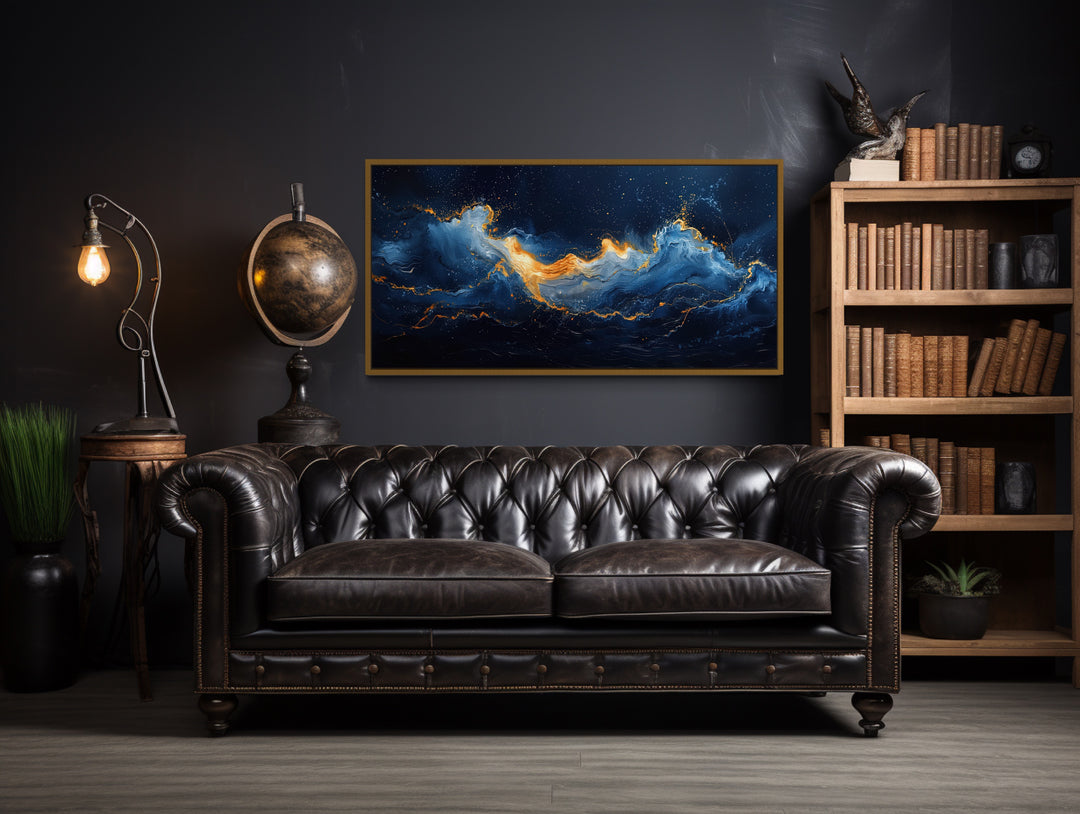 Abstract Navy Blue Gold Ocean Wave Painting Canvas in man cave