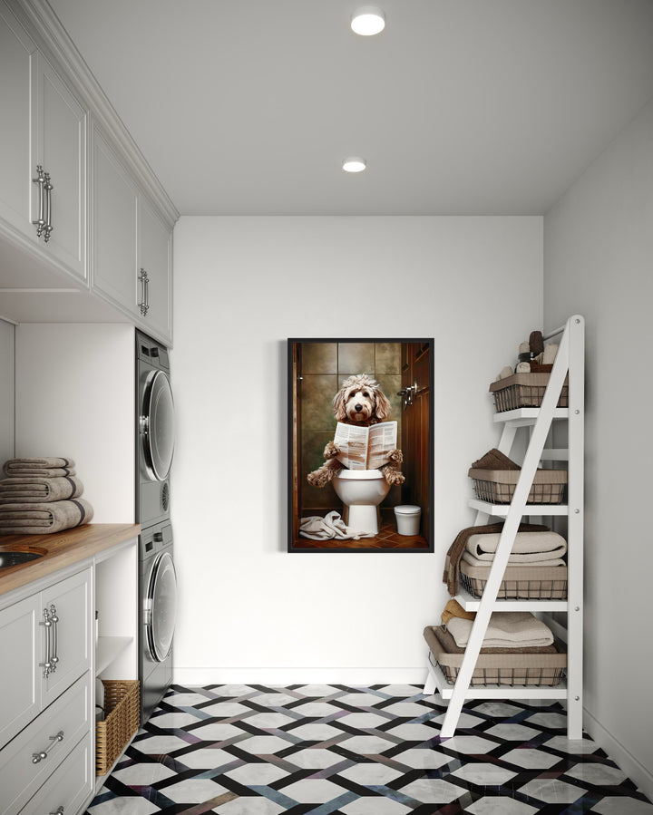 Goldendoodle Dog On The Toilet Reading Newspaper Wall Art i in laundry