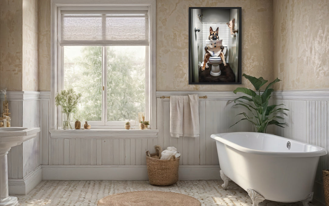 German Shepherd Dog On The Toilet Reading Newspaper Wall Art in big bathroom