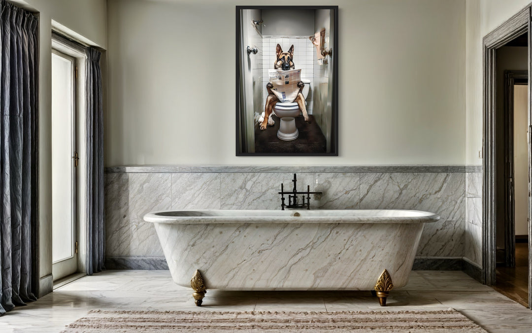 German Shepherd Dog On The Toilet Reading Newspaper Wall Art in bathroom