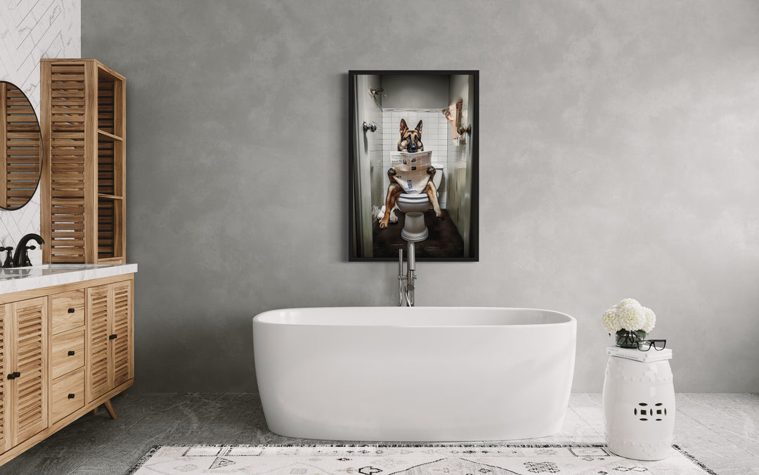 German Shepherd Dog On The Toilet Reading Newspaper Wall Art above bath tub