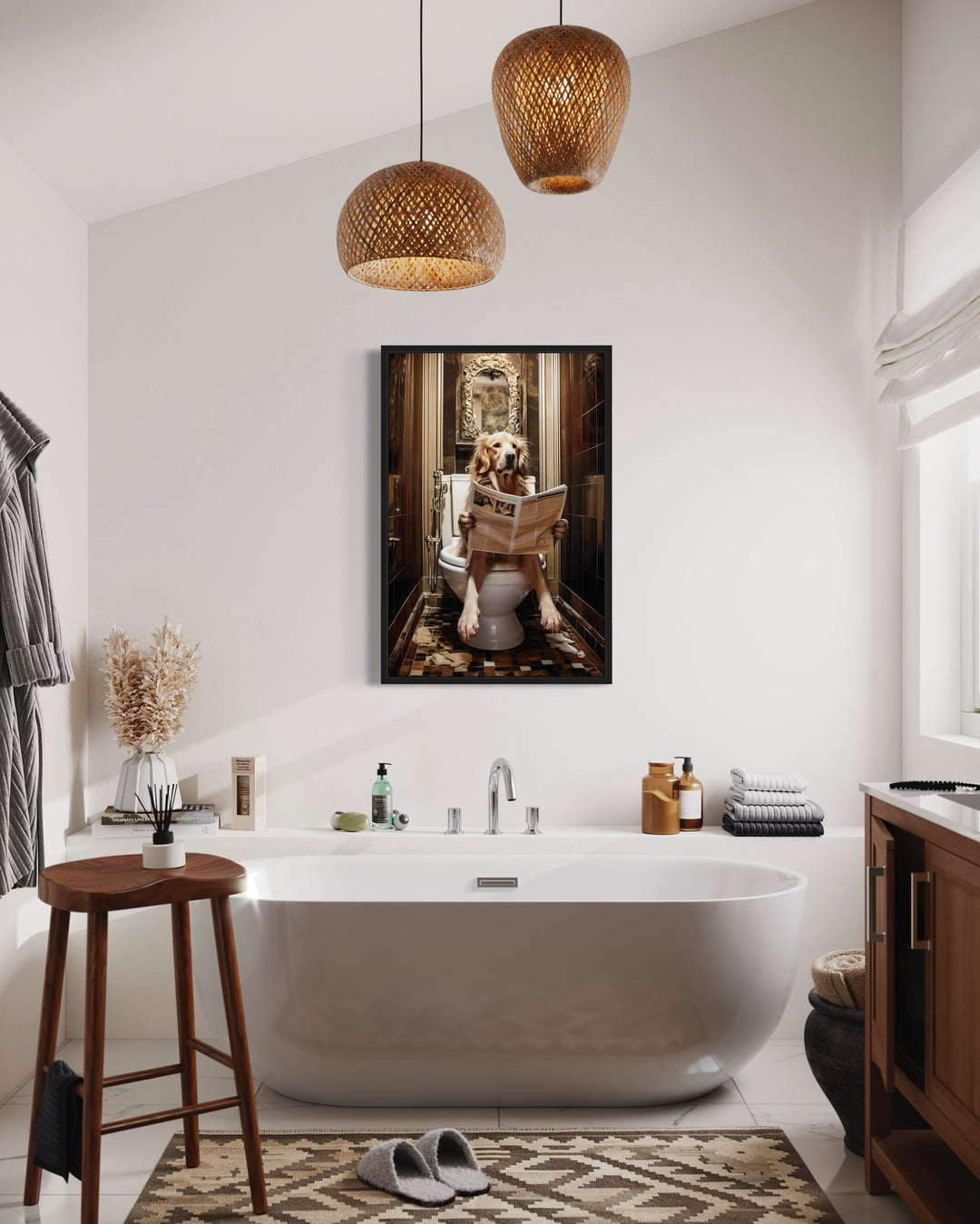 Golden Retriever Dog On The Toilet Reading Newspaper Wall Art in bathroom