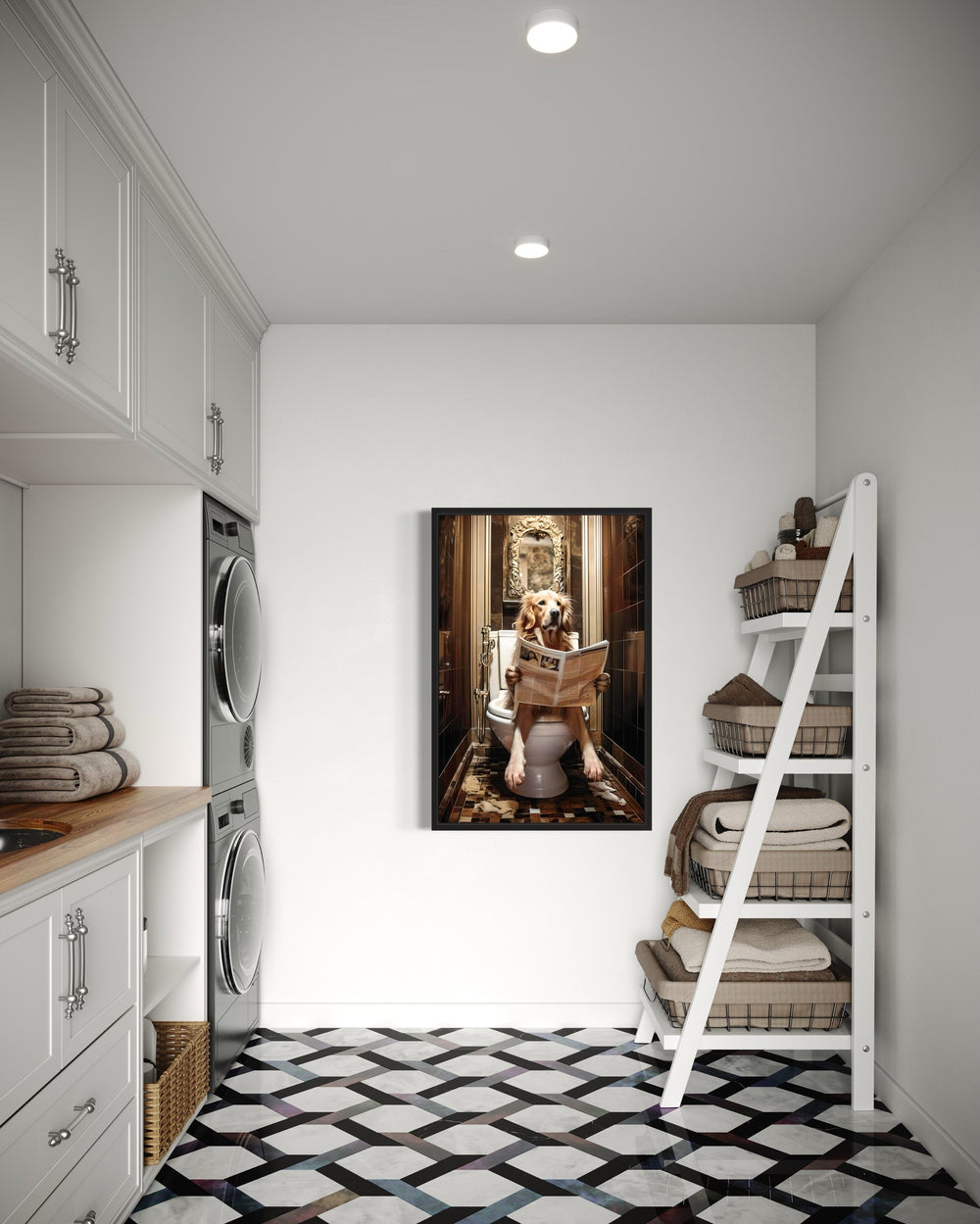 Golden Retriever Dog On The Toilet Reading Newspaper Wall Art