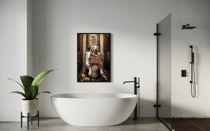 Golden Retriever Dog On The Toilet Reading Newspaper Wall Art in bathroom