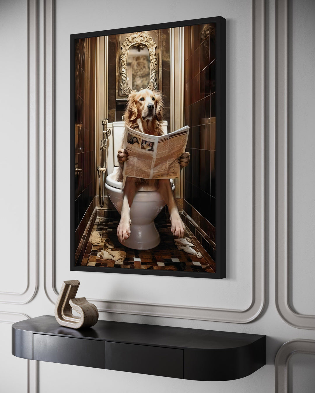 Golden Retriever Dog On The Toilet Reading Newspaper Wall Art side view