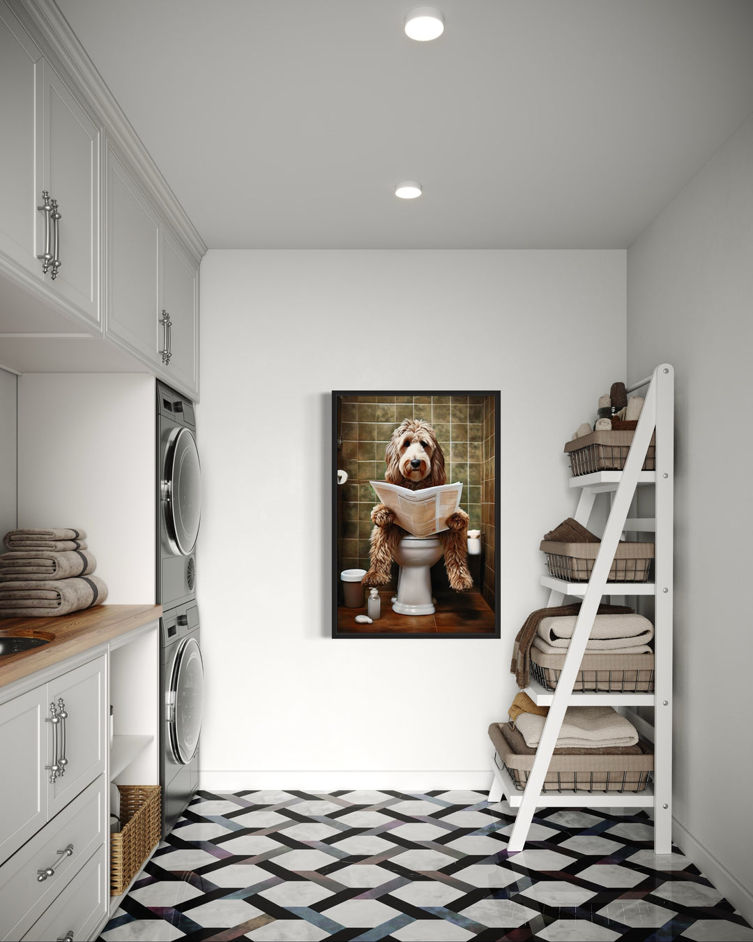 Labradoodle Dog On The Toilet Reading Newspaper Wall Art