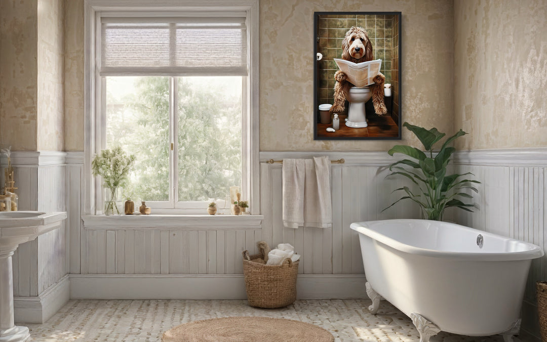 Labradoodle Dog On The Toilet Reading Newspaper Wall Art in bathroom