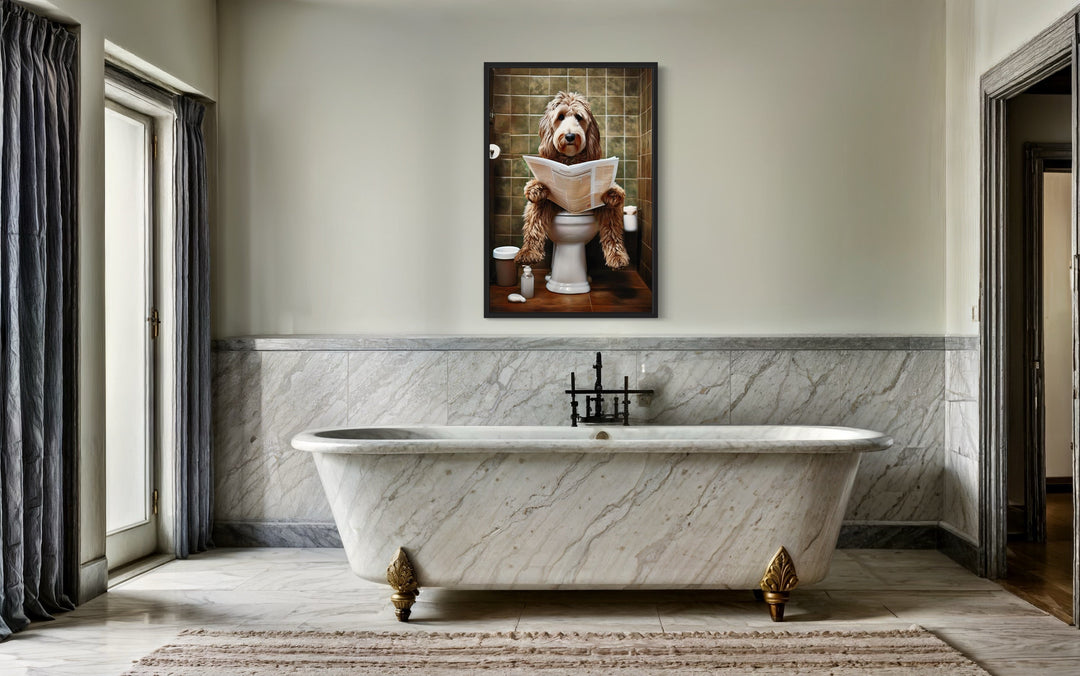 Labradoodle Dog On The Toilet Reading Newspaper Wall Art above bathtub