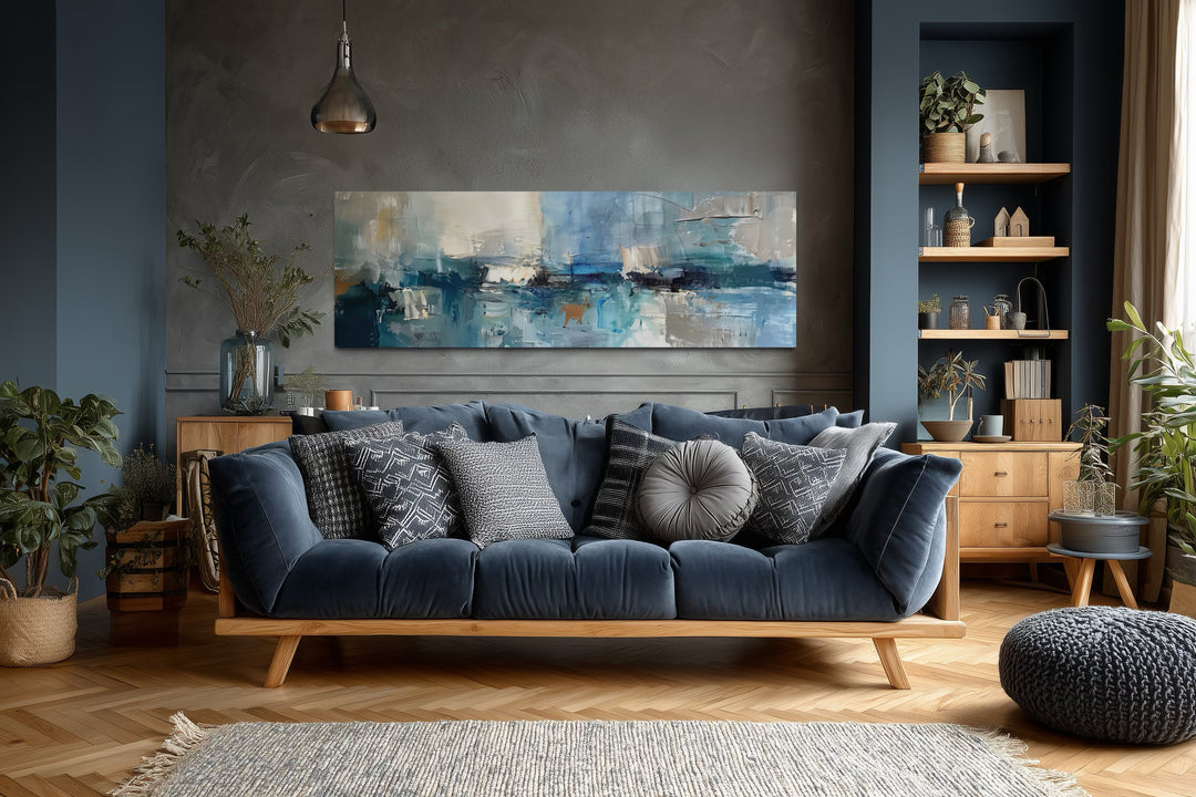 Blau Grau Aqua Ruhe Friedlich Abstrakt Über Dem Bett Lange Schmale Wandkunst