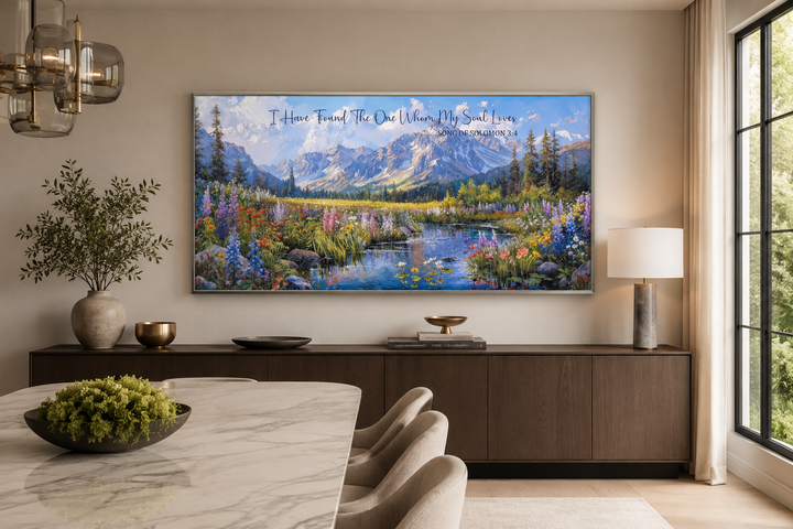 Christian wall art with mountain landscape and scripture above a modern sideboard in a dining room.