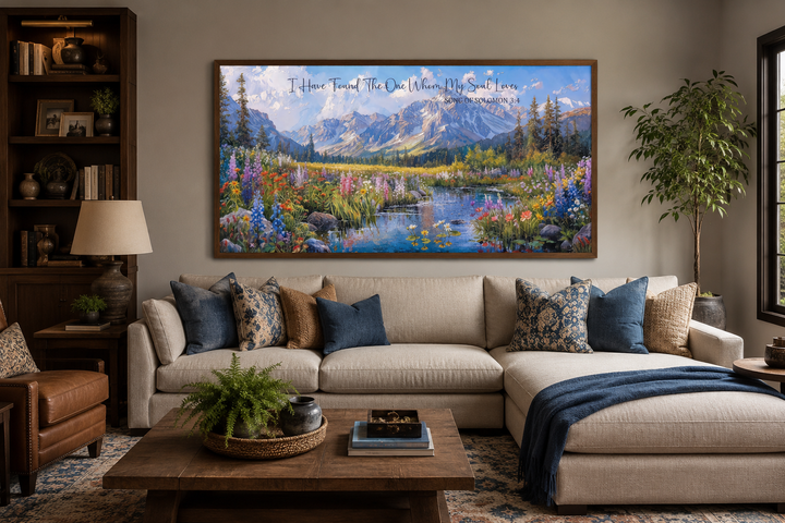 Christian wall art with mountain landscape and scripture above a sofa in a cozy living room.
