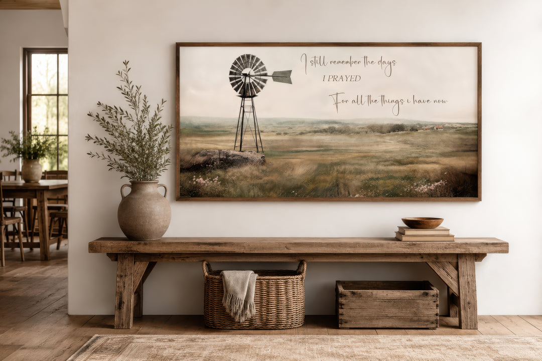 Rustic farm landscape wall art with a windmill and the quote I Still Remember The Days I Prayed.