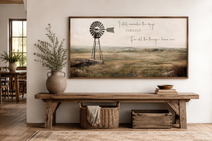 Rustic farm landscape wall art with a windmill and the quote I Still Remember The Days I Prayed.