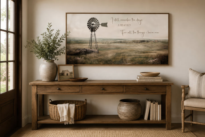 Rustic farm landscape wall art with a windmill and the quote I Still Remember The Days.