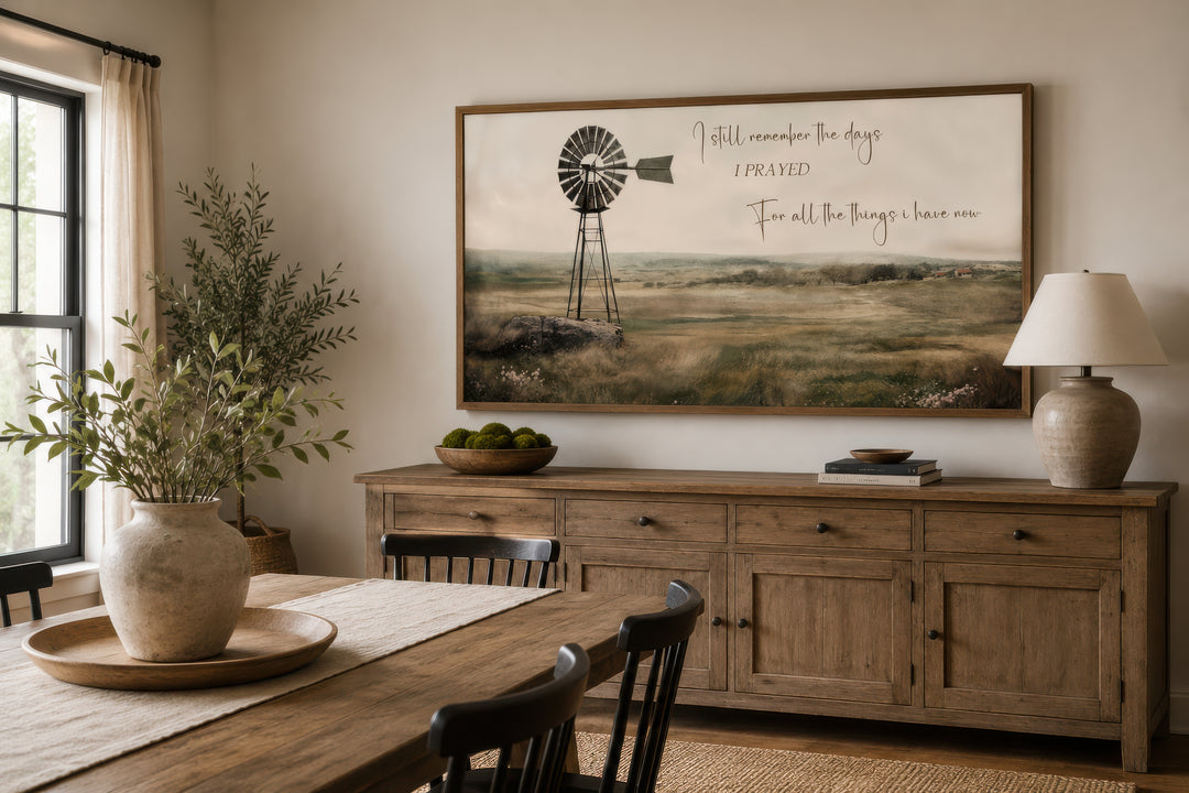 Rustic farm landscape wall art with a windmill and the quote I Still Remember The Days I Prayed.