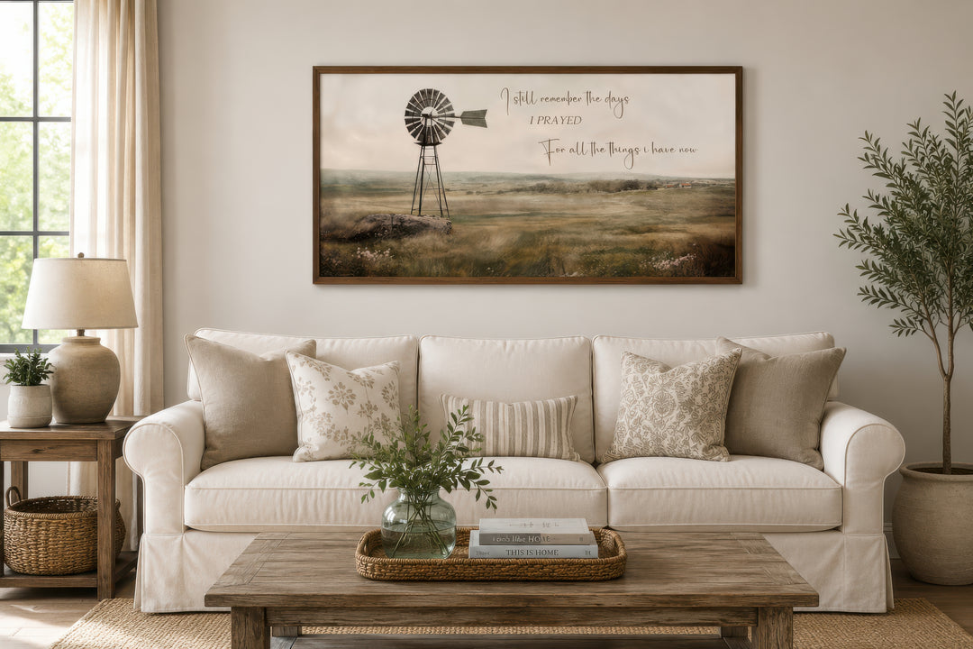 Rustic farm landscape wall art with a windmill and the quote I Still Remember The Days I Prayed.