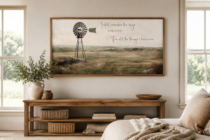 Rustic farm landscape wall art with a windmill and the quote "I still remember the days I prayed".