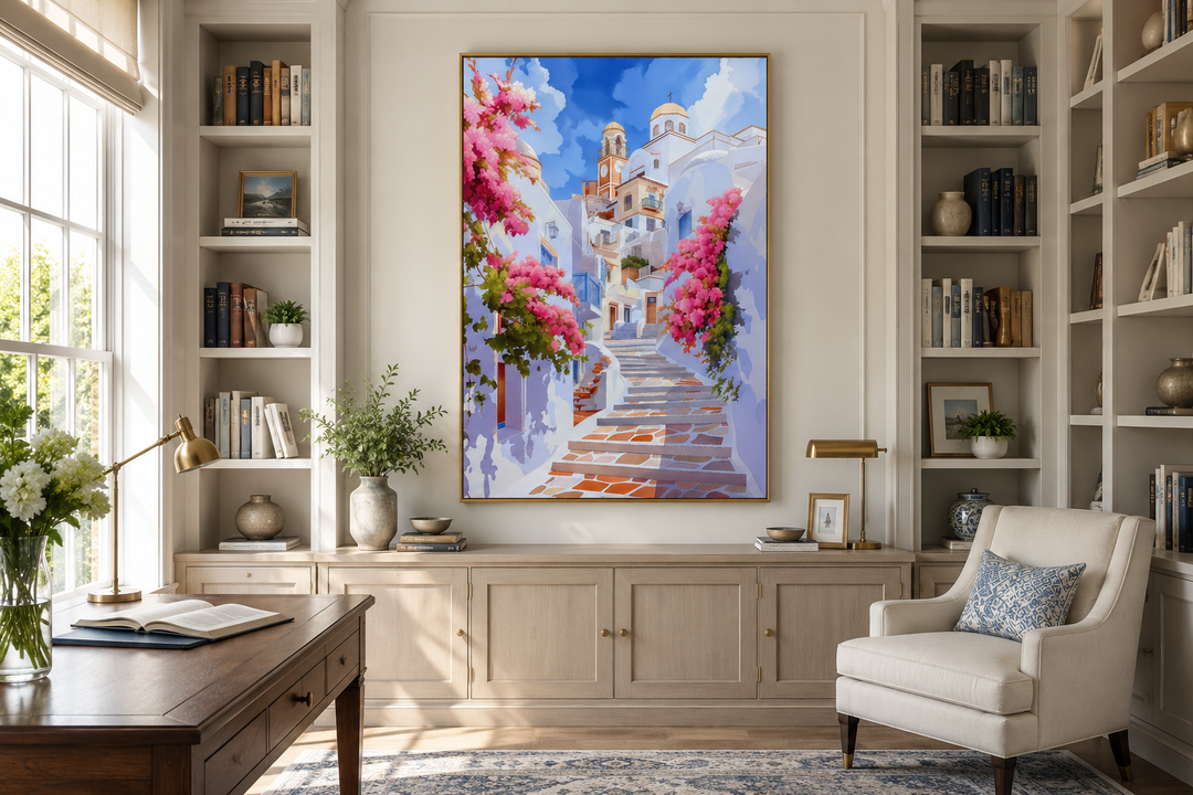 Ibiza Old Town watercolor wall art featuring a whitewashed street with vibrant pink flowers.