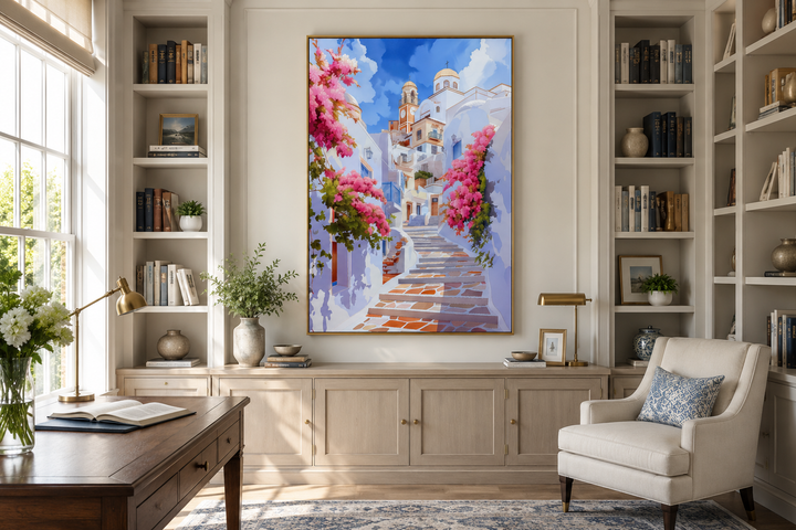 Ibiza Old Town watercolor wall art featuring a whitewashed street with vibrant pink flowers.