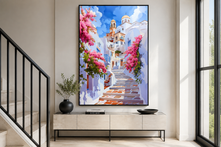 Ibiza Old Town watercolor wall art featuring a whitewashed street with pink flowers and blue sky.