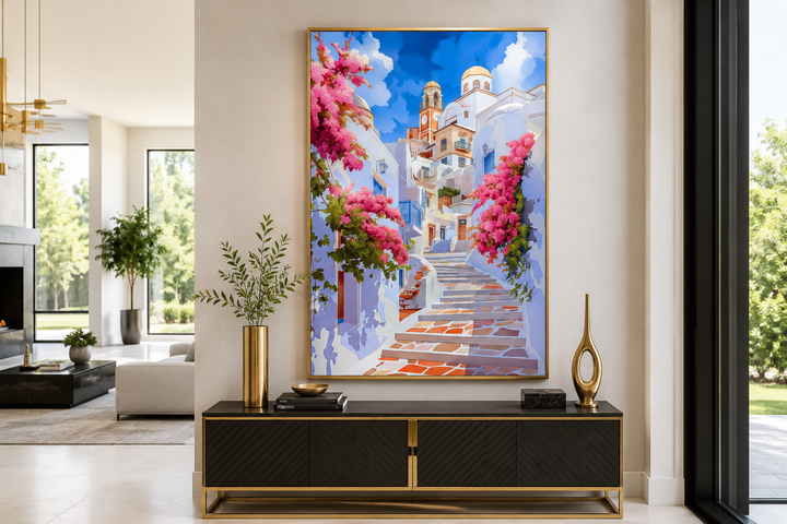 Ibiza Old Town watercolor wall art featuring a whitewashed street with vibrant pink flowers.