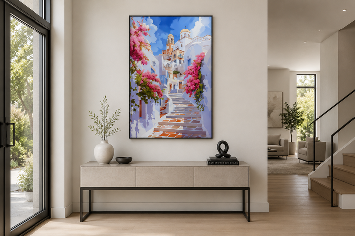 Ibiza Old Town watercolor wall art featuring a whitewashed street with vibrant pink flowers.