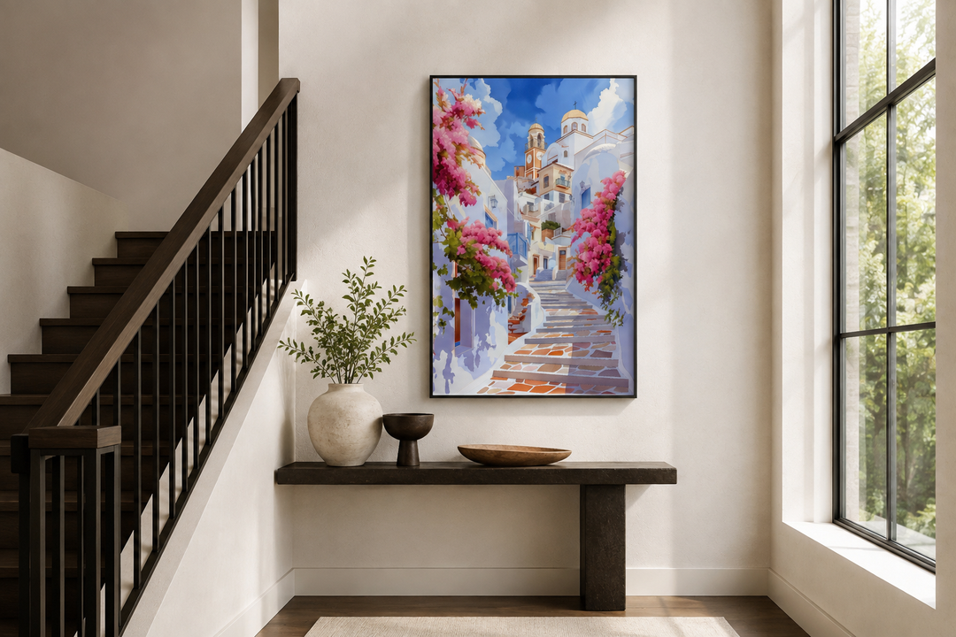 Ibiza Old Town watercolor wall art showing a whitewashed street with pink flowers in a modern room.