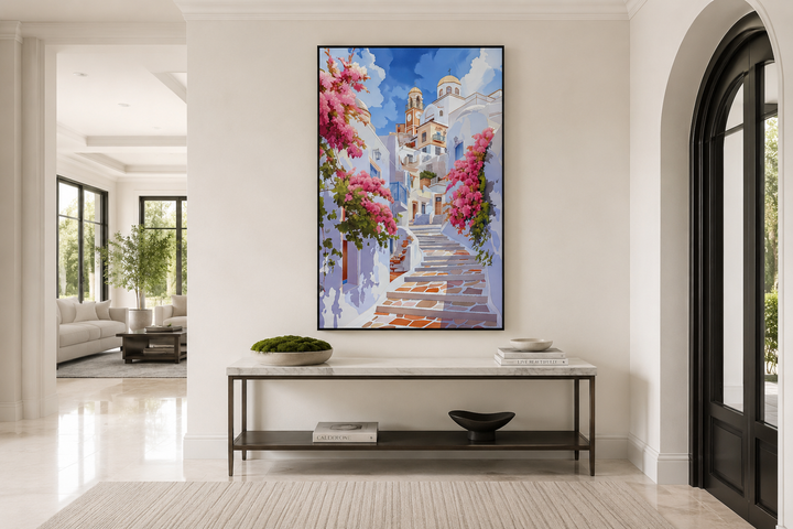 Ibiza Old Town watercolor wall art featuring a whitewashed street with vibrant pink flowers.