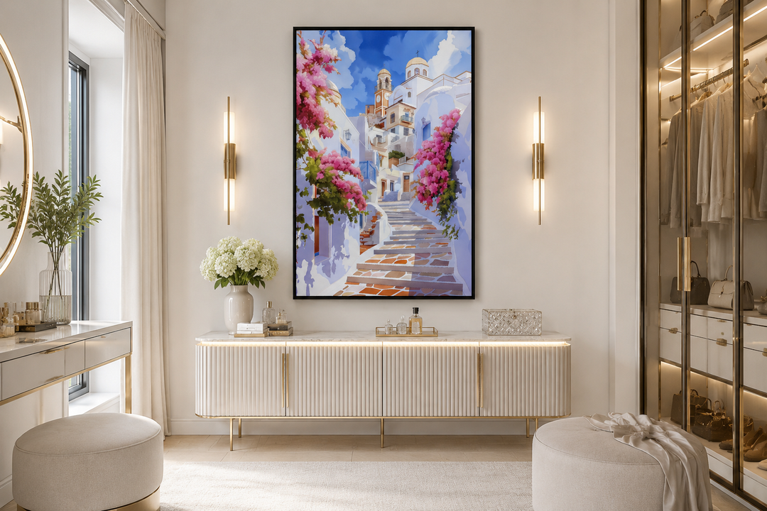 Ibiza Old Town watercolor wall art in a black frame above a white sideboard in a modern room.