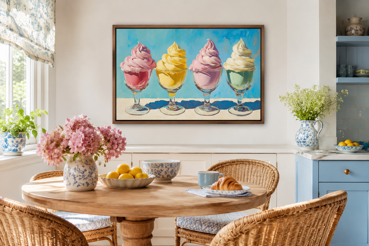 Retro framed canvas wall art featuring four colorful soft-serve ice cream sundaes in a kitchen.