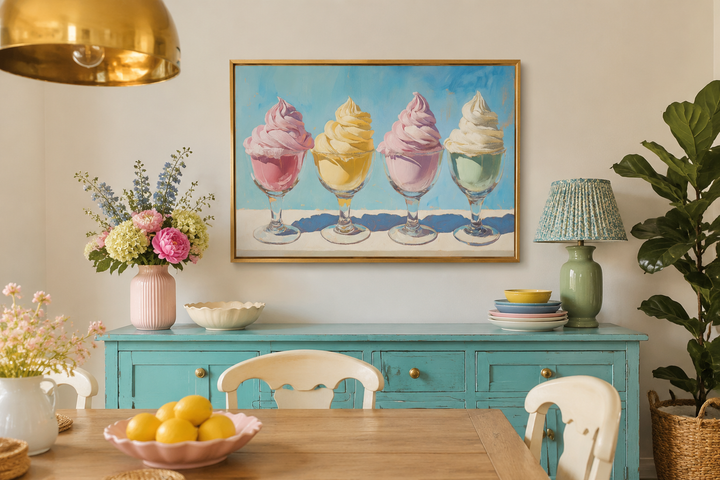Retro framed canvas wall art featuring four colorful soft-serve ice cream sundaes in glass bowls.