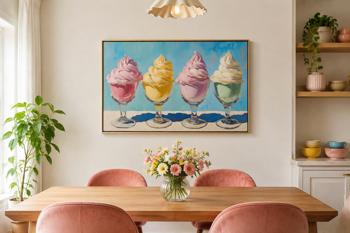 Retro framed canvas wall art featuring four colorful soft-serve ice cream sundaes in glass bowls.
