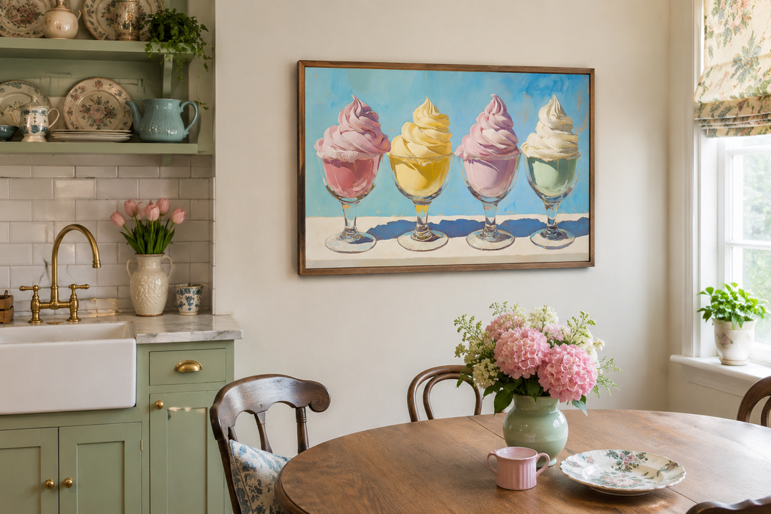 Retro framed canvas wall art featuring four colorful pastel soft-serve ice cream sundaes.