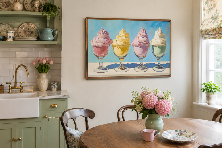 Retro framed canvas wall art featuring four colorful pastel soft-serve ice cream sundaes.
